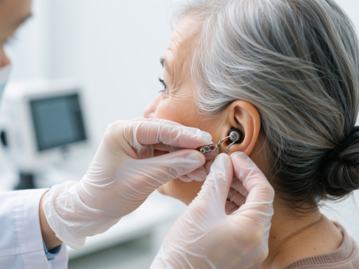专业听力保健教育场景，医护人员正在向患者讲解听力保护知识，展示听力检测设备